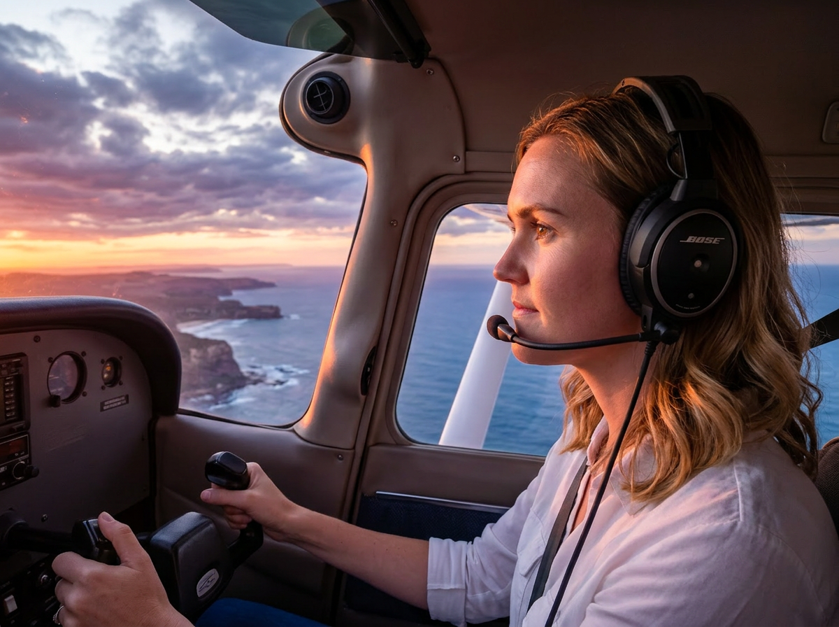 A woman piloting a light aircraft over the coastline at golden hour.