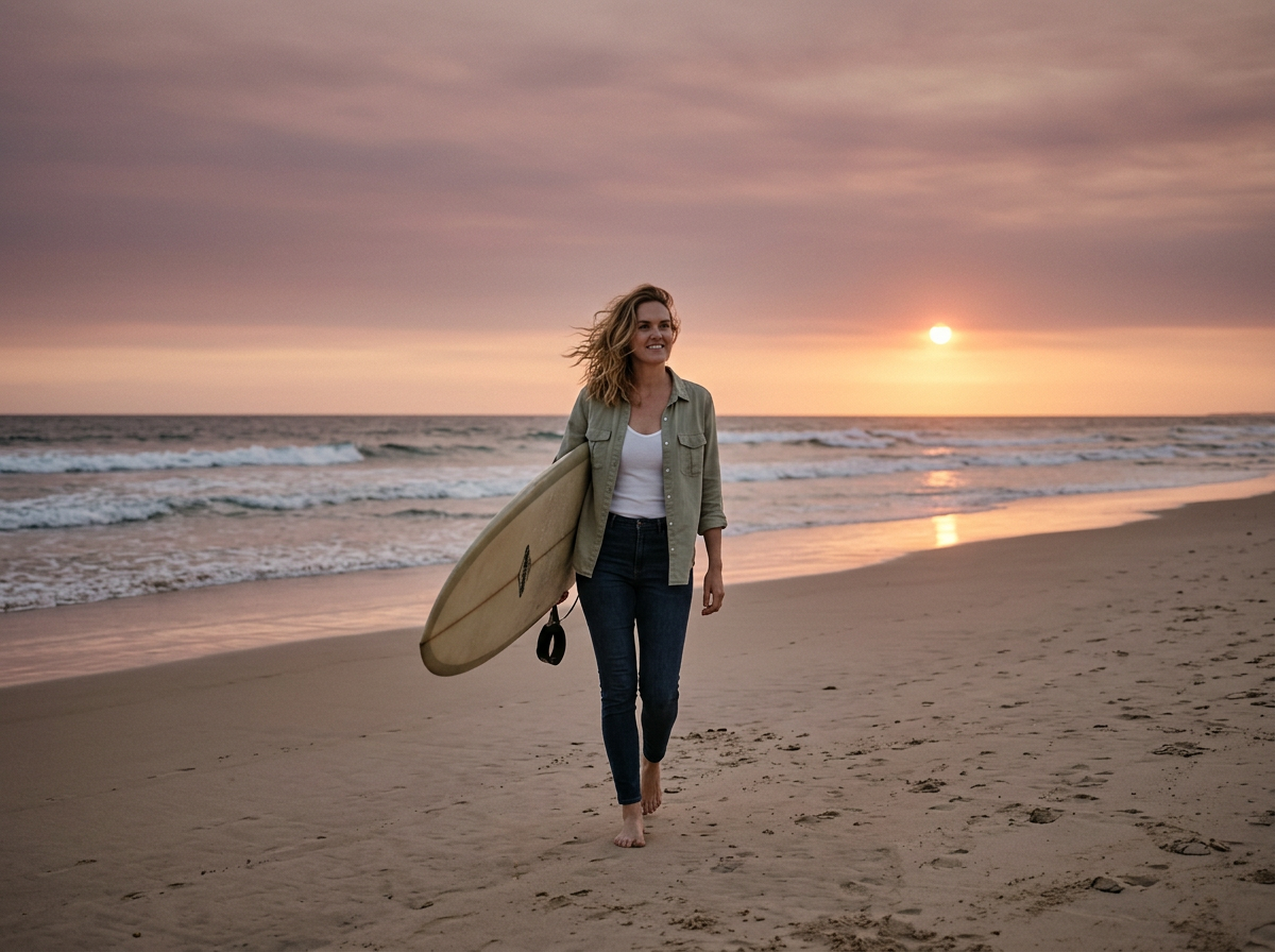 A woman walking the shoreline at sunset carrying a surfboard.