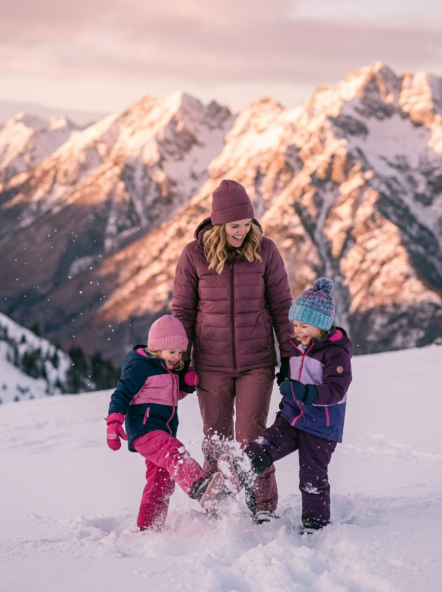 A woman and her daughters playing in fresh snow on a mountain slope at dusk.