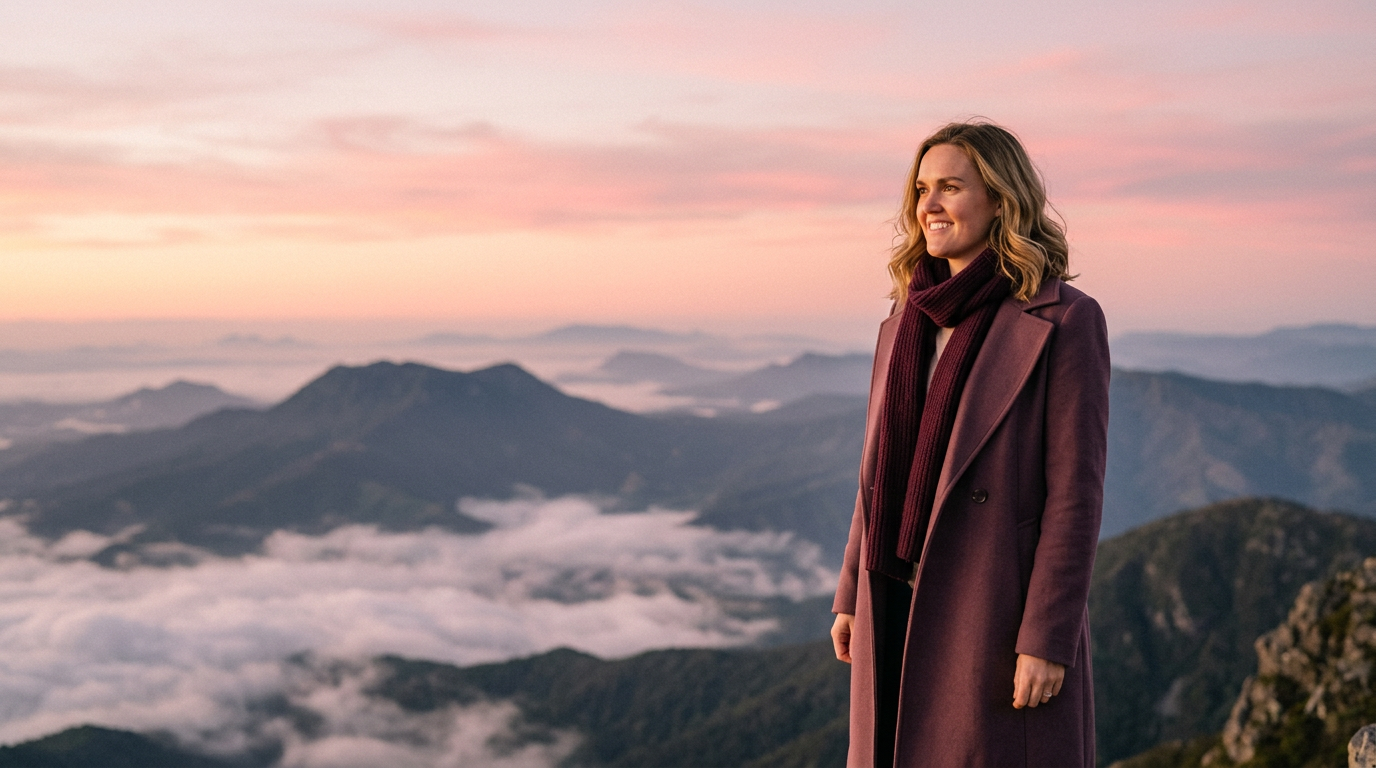 A woman standing alone at a mountain summit at first light