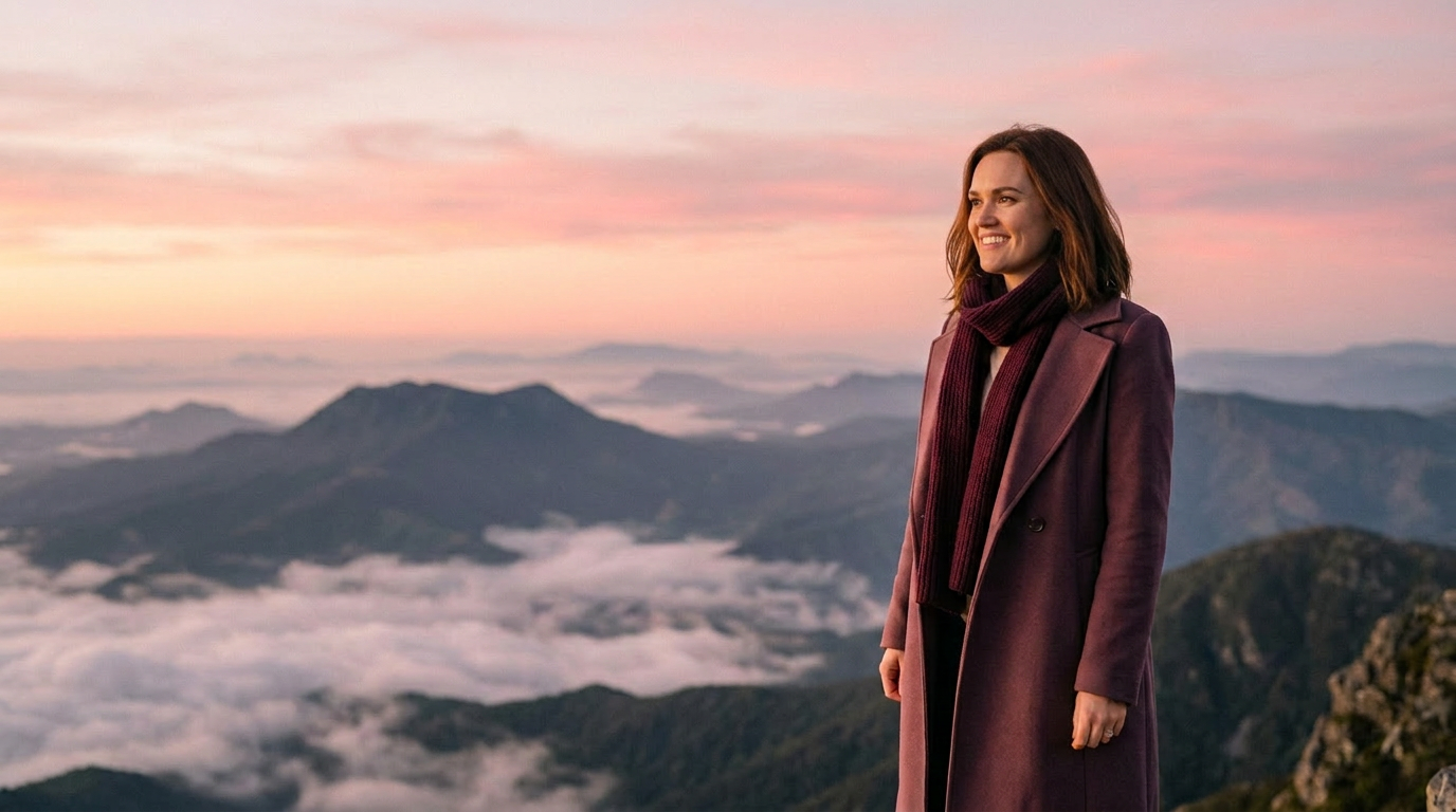 Laura Van Gisborne at a mountain summit at first light